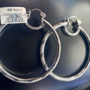 Platinum Over Sterling Silver , Laser and Diamond-Cut Extra Large Hoop Earrings